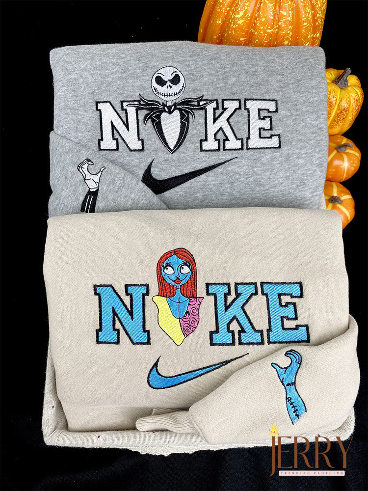 Jack And Sally The Nightmare Before Christmas Nike Embroidered Sweatshirt, Halloween Embroidered Sweatshirt, Nike Embroidery Matching