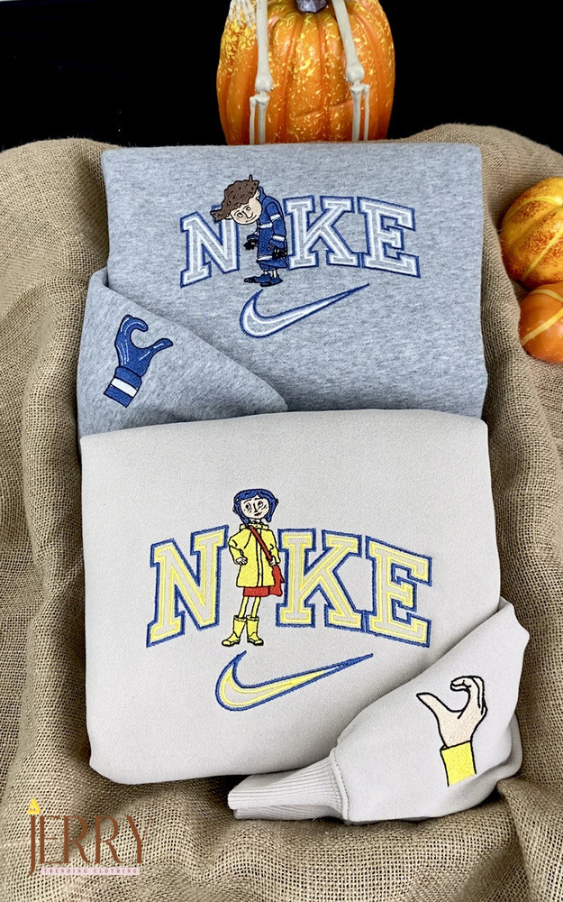 Coraline And Wybie Lovat Nike Embroidered Sweatshirts, Nike Couple Embroidery, Halloween Embroidered Sweatshirt