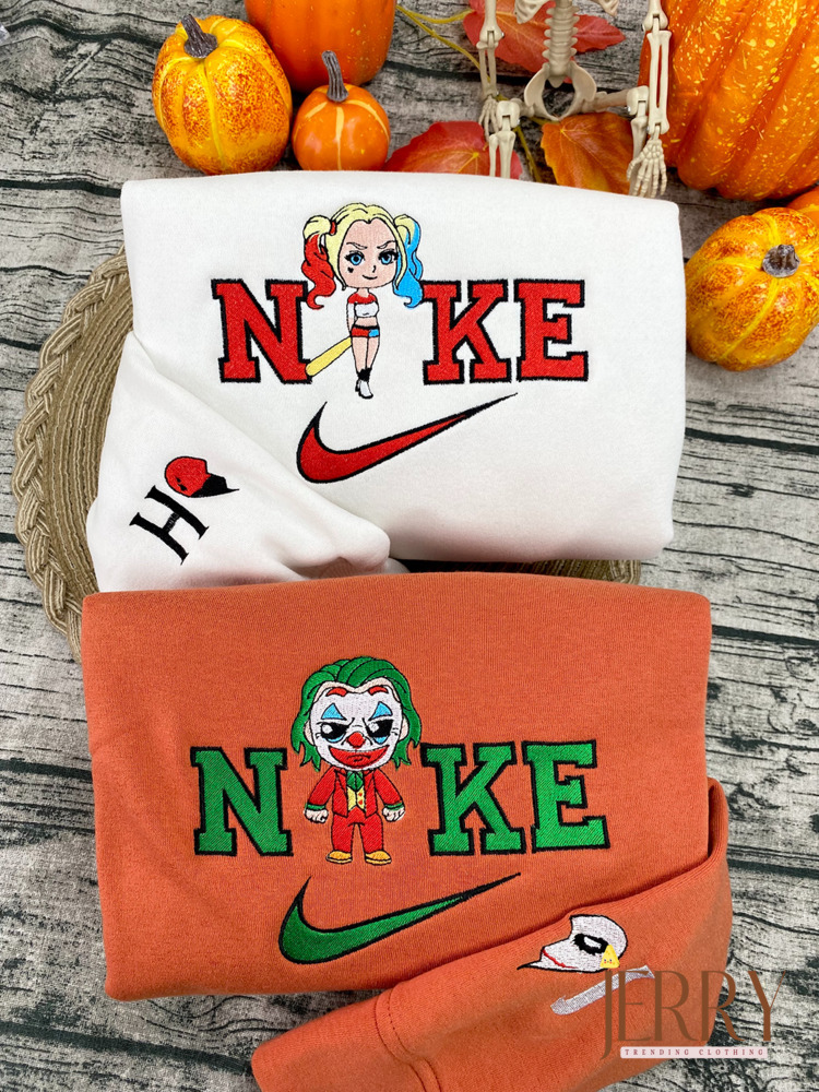 Personalized Joker And Harley Quinn Nike Embroidered Sweatshirt, Perfect Couple Gift For Halloween