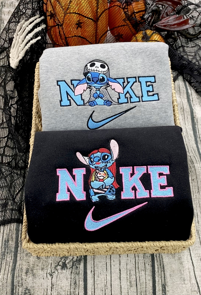 Stitch And Angel As Jack Sally Disney Nike Embroidered Sweatshirts, Halloween Embroidered Sweatshirt, Matching Embroidered Shirt