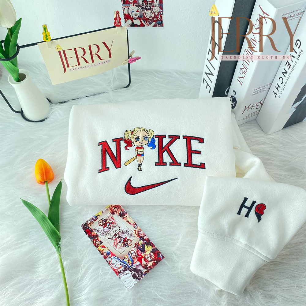 Personalized Harley Quinn Nike Embroidered Sweatshirt, Perfect Couple Gift For Halloween