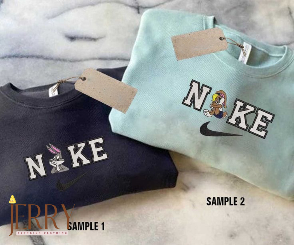 Bunny And Lola Cartoon Embroidered Nike Embroidered Sweatshirt, Nike Embroidery Matching