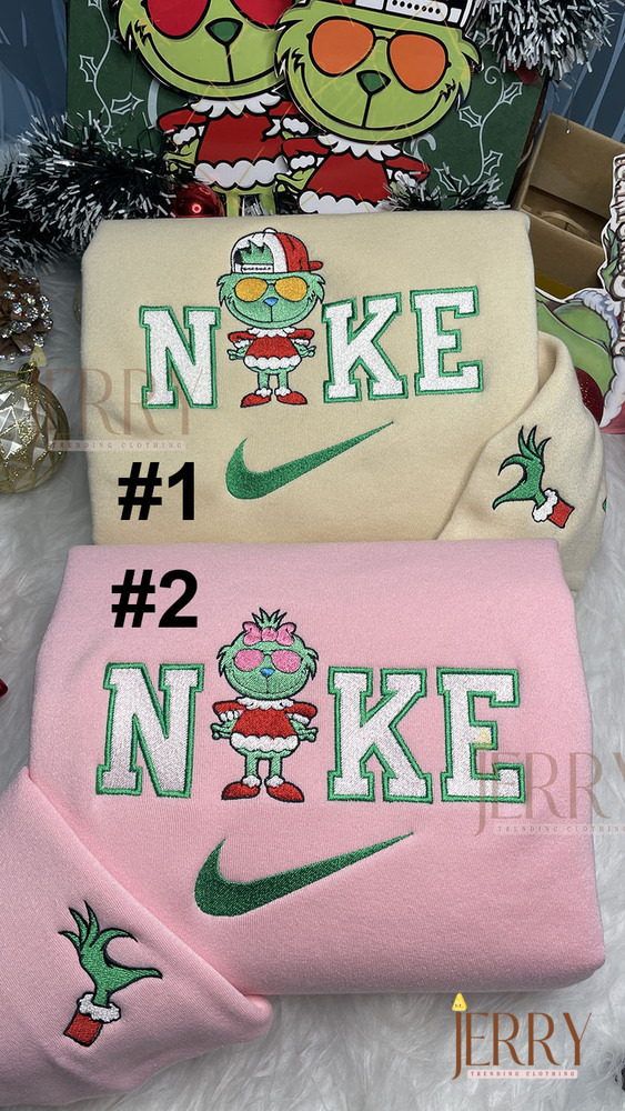 Grinch Boy And Grinch Girl Christmas Nike Embroidered Sweatshirt, Xmas Gift For Family