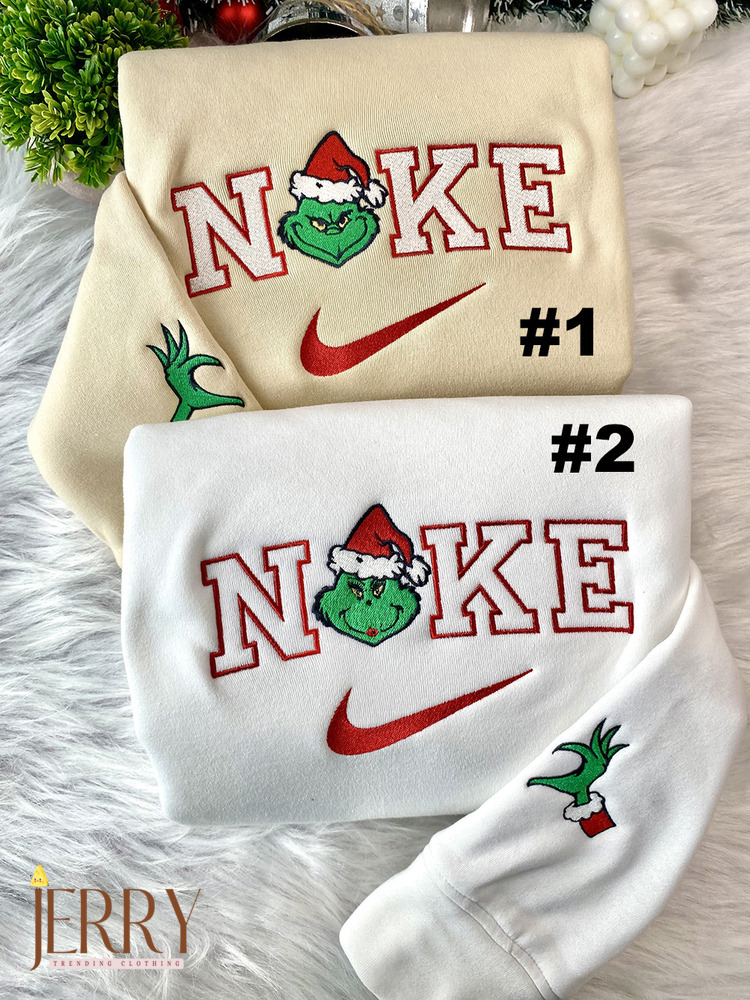 Mrs And Mr Grinch Face Christmas Nike Embroidered Sweatshirt, Christmas Gift For Couple