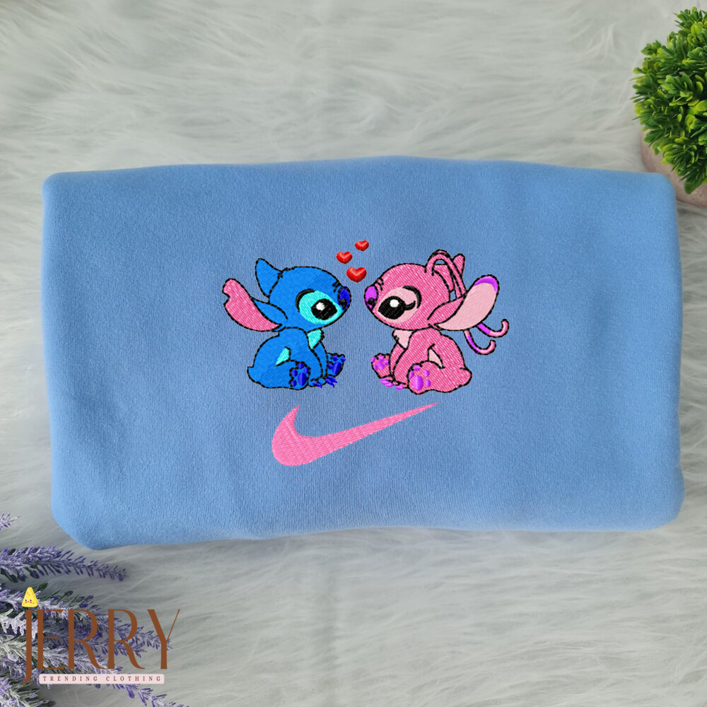 Stitch And Angel In Love Disney Nike Embroidered Sweatshirt