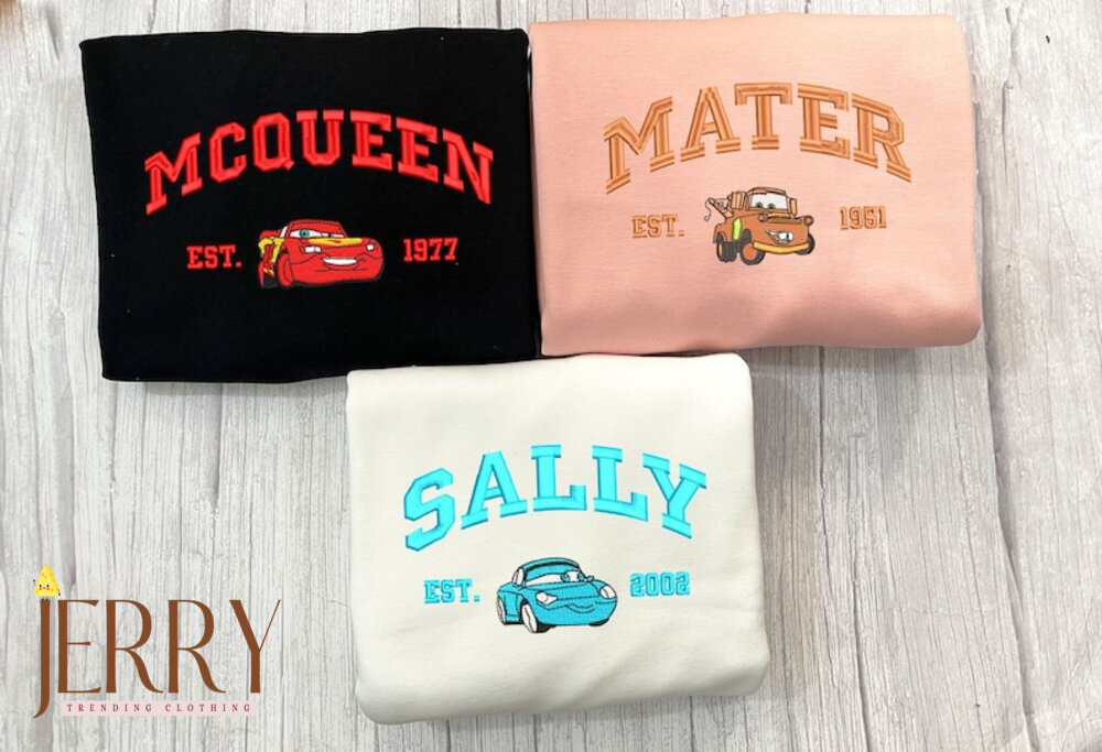 Mcqueen Sally Mater Embroidered Sweater, Couple Embroidered Sweatshirts, Cartoon Crewneck