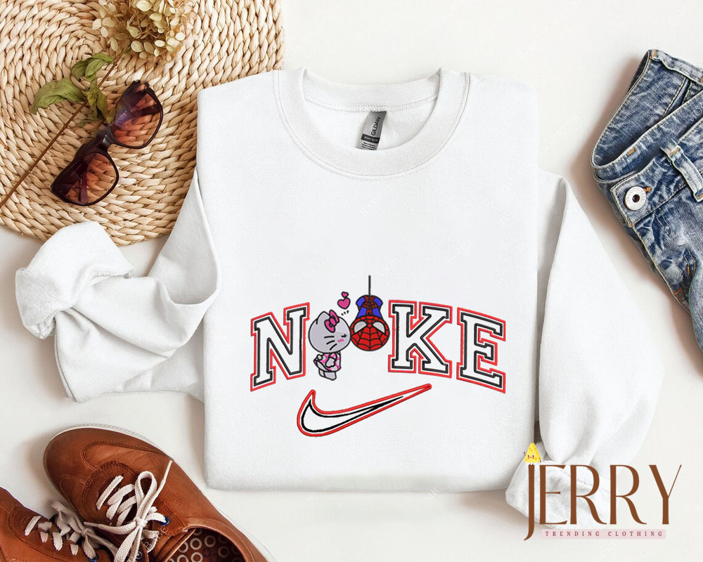 Cute Hello Kitty And Spiderman Nike Embroidered Sweatshirt, Valentines Day Gift For Couple