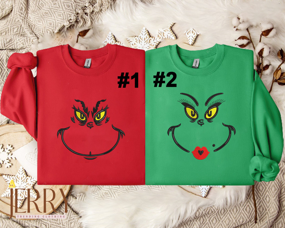 The Grinch Face Embroidered Crewneck Sweatshirt Hoodie, Grinch Face Christmas Crewneck, Grinchmas Shirt