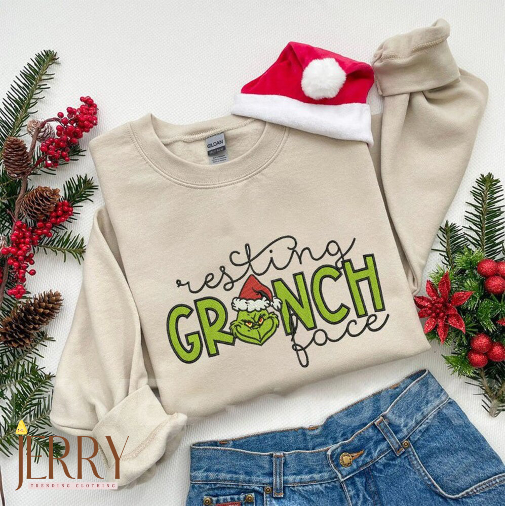 Resting Grinch Face Christmas Embroidered Sweatshirt, Funny Christmas Grinch Sweatshirt, Happy New Year, Xmas Gift