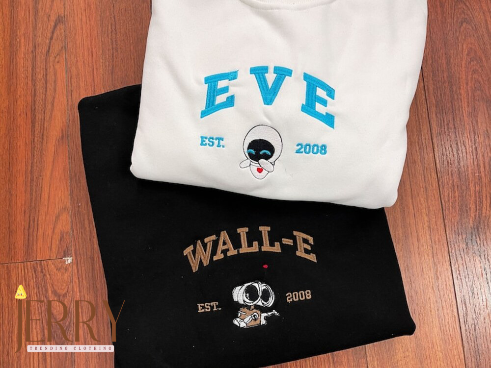 Wall-E And Eve Embroidered Crewneck, Wall-E Embroidered Sweatshirt, Vintage Shirt, Y2k Embroidery Hoodie