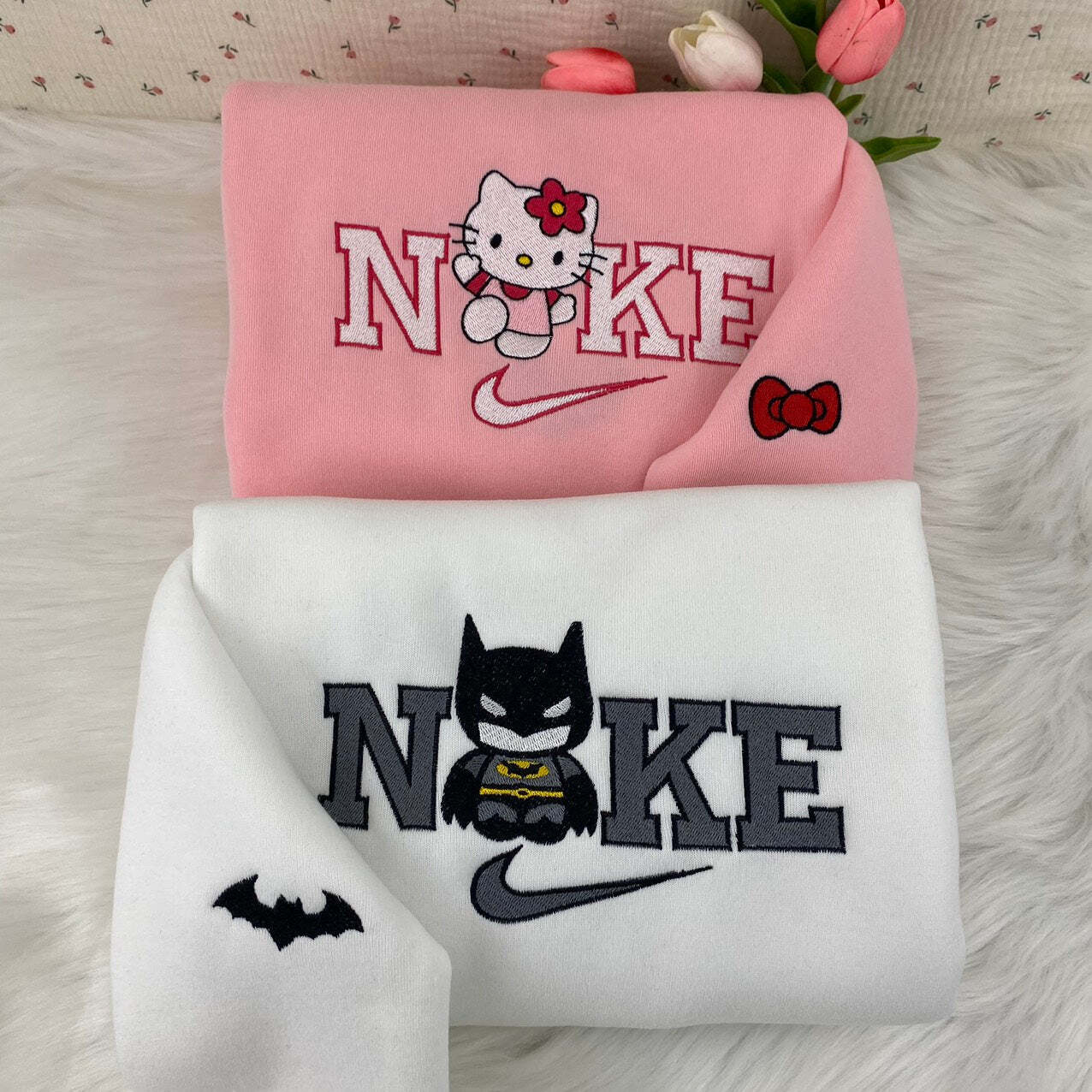 Cute Hello Kitty And Batmen Nike Embroidered Sweatshirt, Valentines Day Gift For Couple