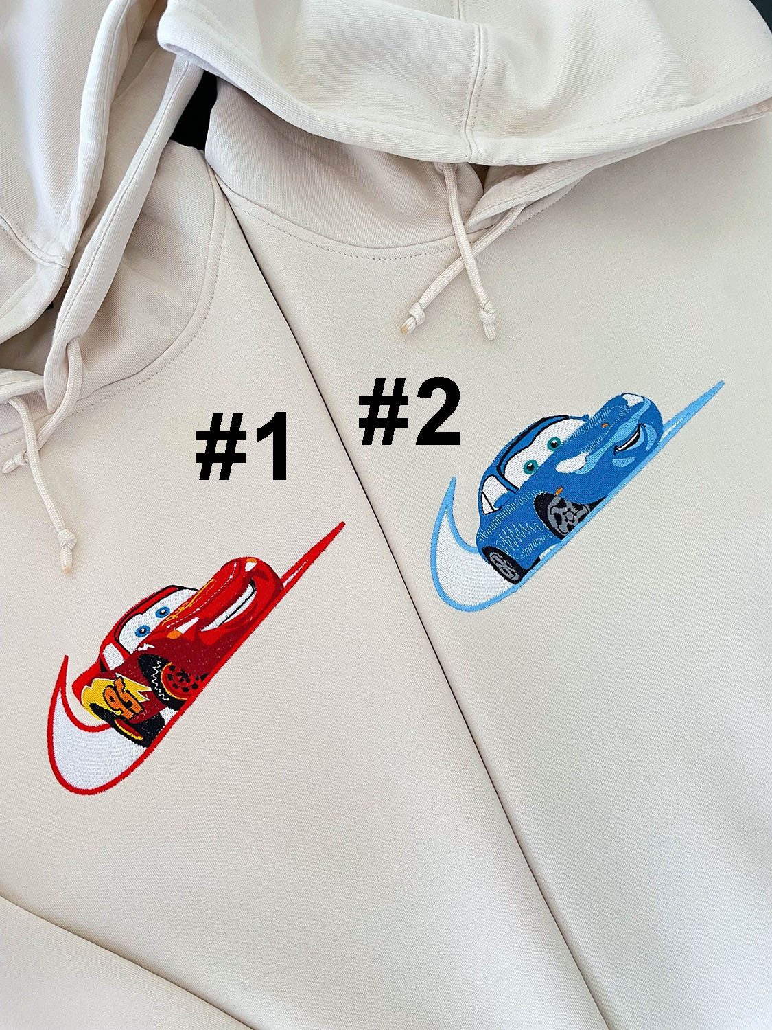 Cute Lightning Mcqueen And Sally Disney Nike Embroidered Sweatshirt, Couples Embroidered Hoodies