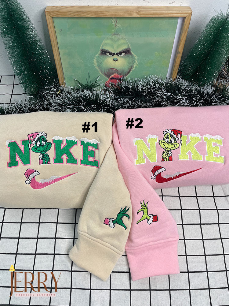 Cute Grinch Christmas Nike Embroidered Sweatshirt, Xmas Gift For Couple