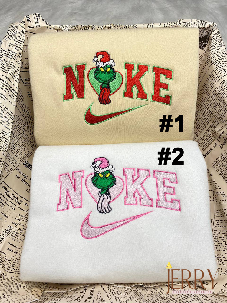 Cute Grinch Couple Nike Embroidered Sweatshirt, Xmas Gift For Couple