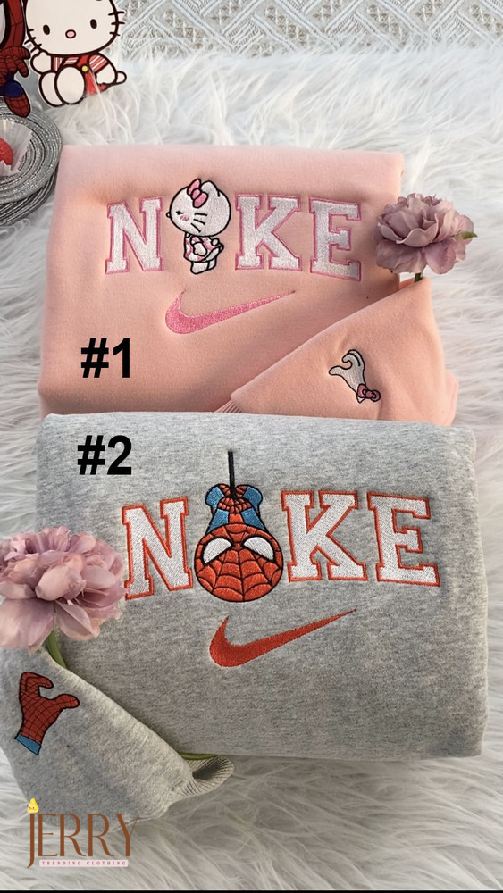 Cheap Hello Kitty And Spiderman Nike Embroidered Sweatshirt, Valentines Day Gift For Couple