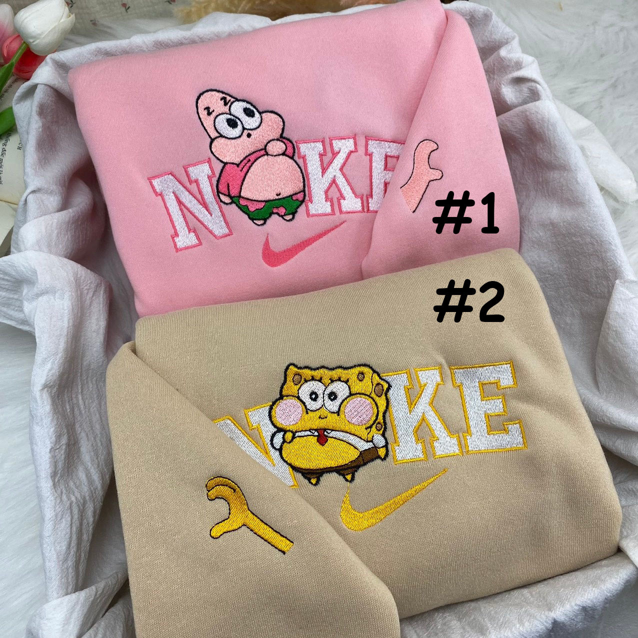 Cute Chibi Patrick Star And Spongebob Squarepants Nike Embroidered Sweatshirt, Embroidered Nike Hoodie