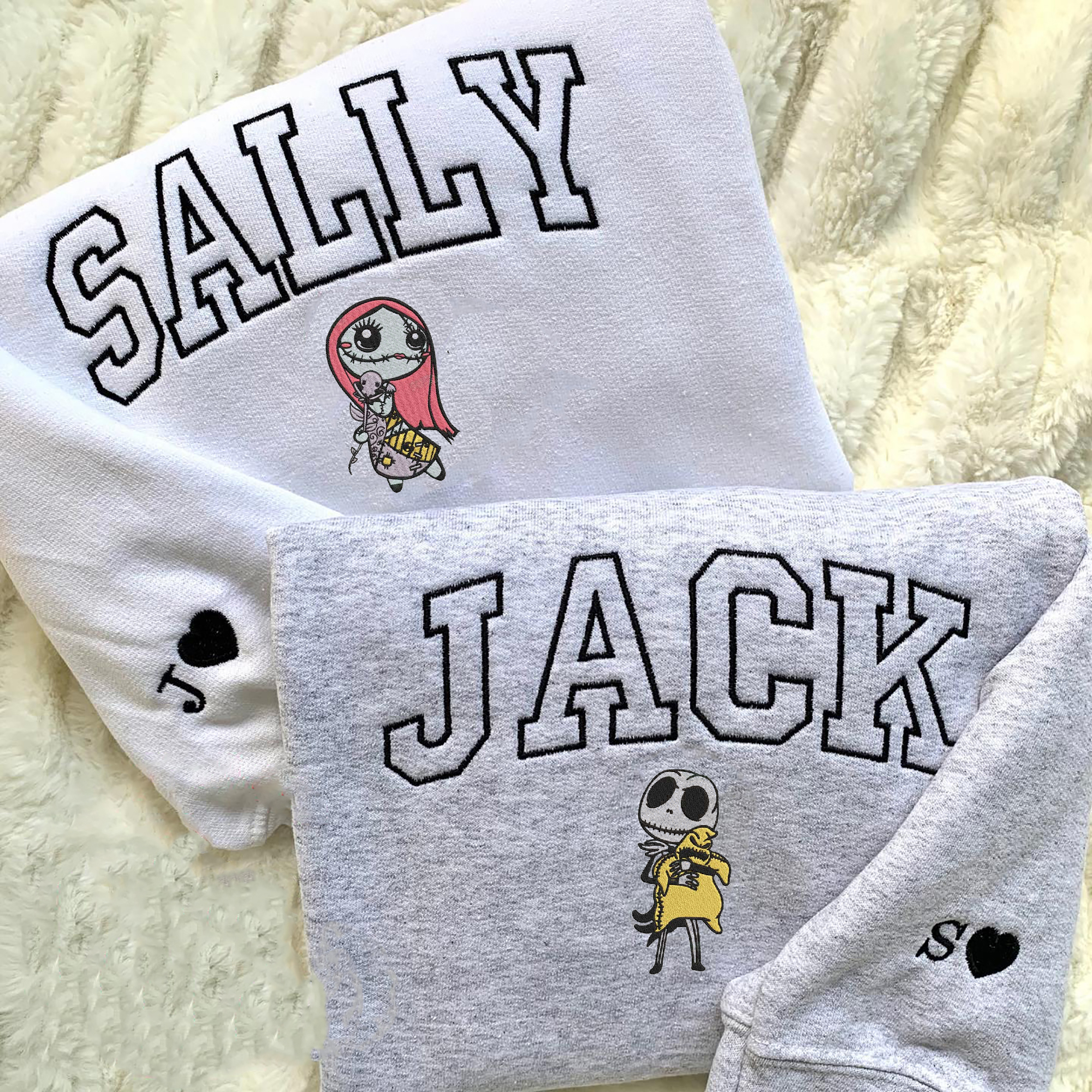 Halloween Jack And Sally Embroidered Crewneck Sweatshirt